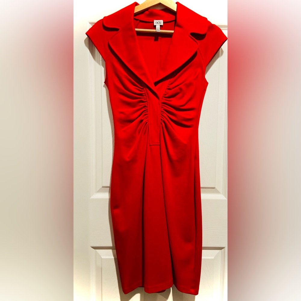 Cache Red Sleeveless Midi Dress with Gathered Front